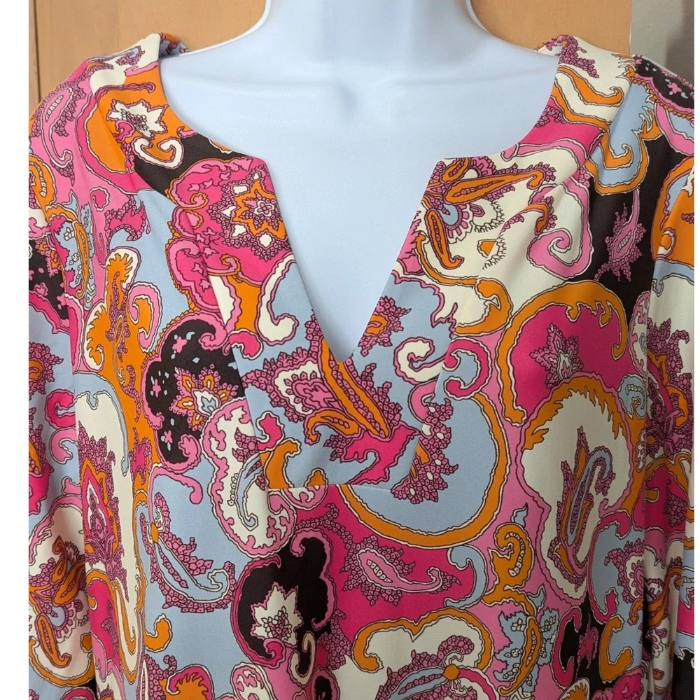 Jude Connally Megan Chinois Brown Watermelon V-Neck Shift Dress XL Made in USA - Picture 2 of 12